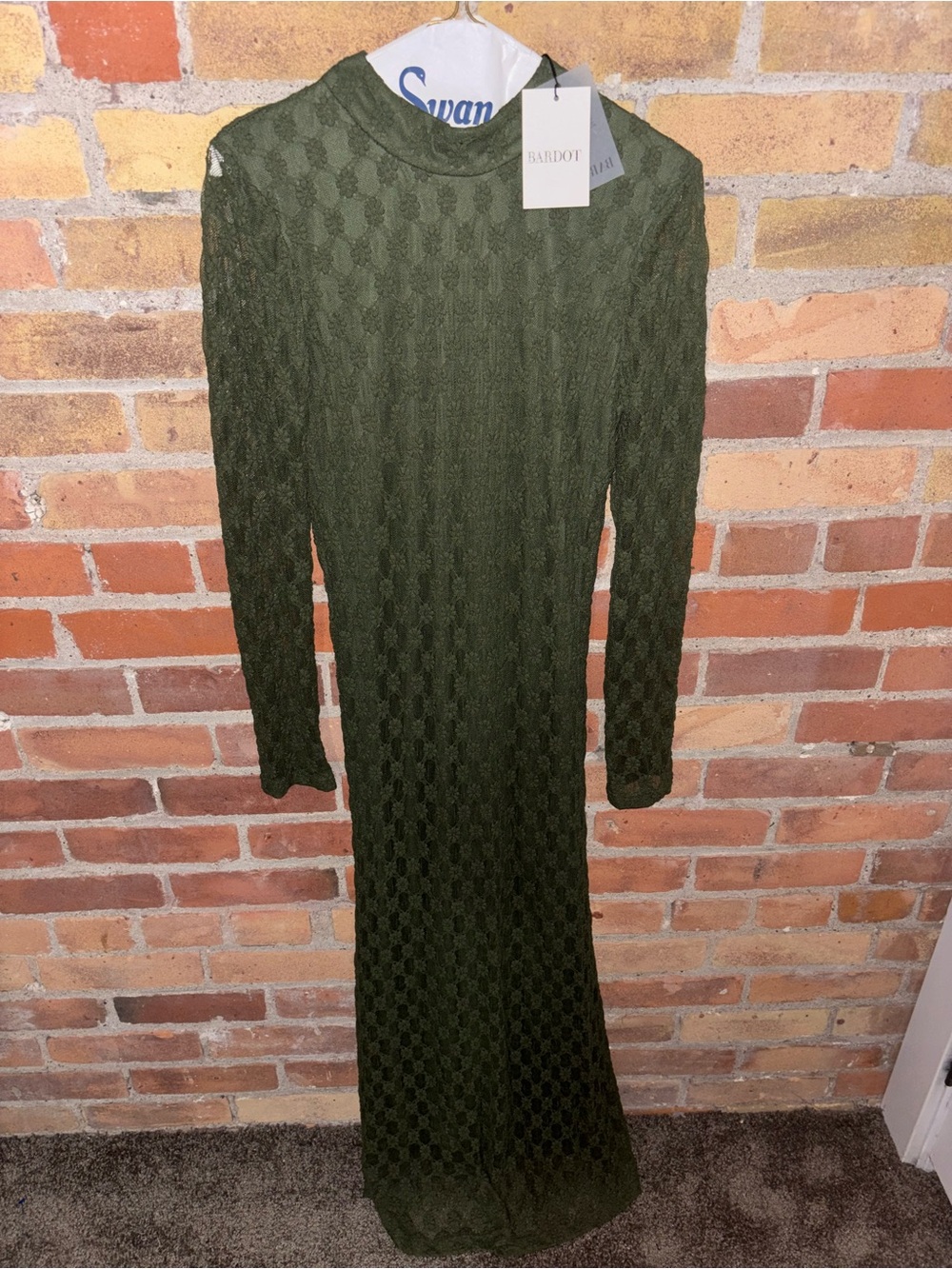 Bardot Macy’s Dark Olive Green Long Sleeve Lace Maxi Fall Wedding Guest Dress